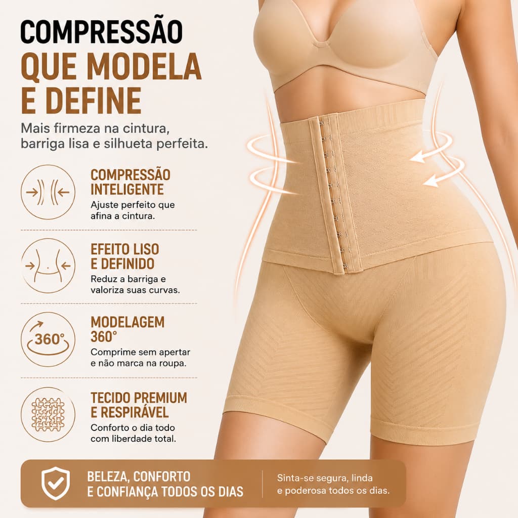 Short Cinta Pós-Parto 2 em 1 com Barbatanas – Compressão Ajustável, Modela Barriga e Levanta Glúteos