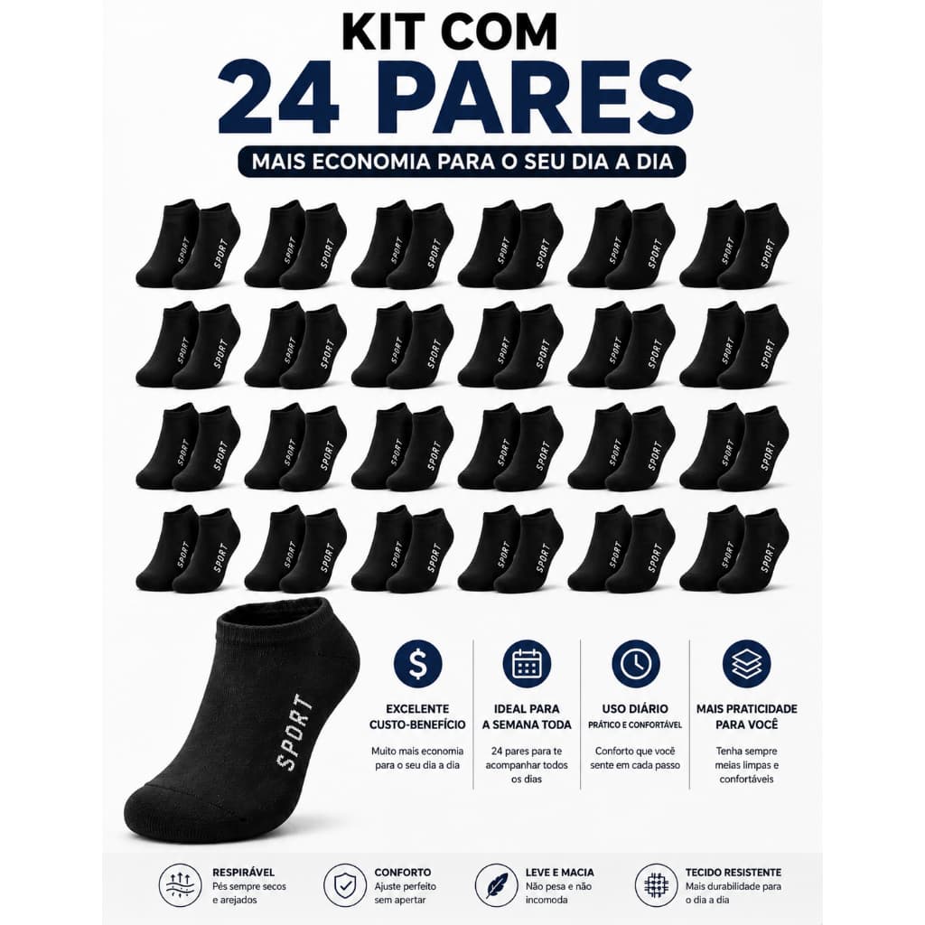 KIT 24 Pares Meias Cano Curto Soquete  Respirável  Promoção Unissex Tamanho Único