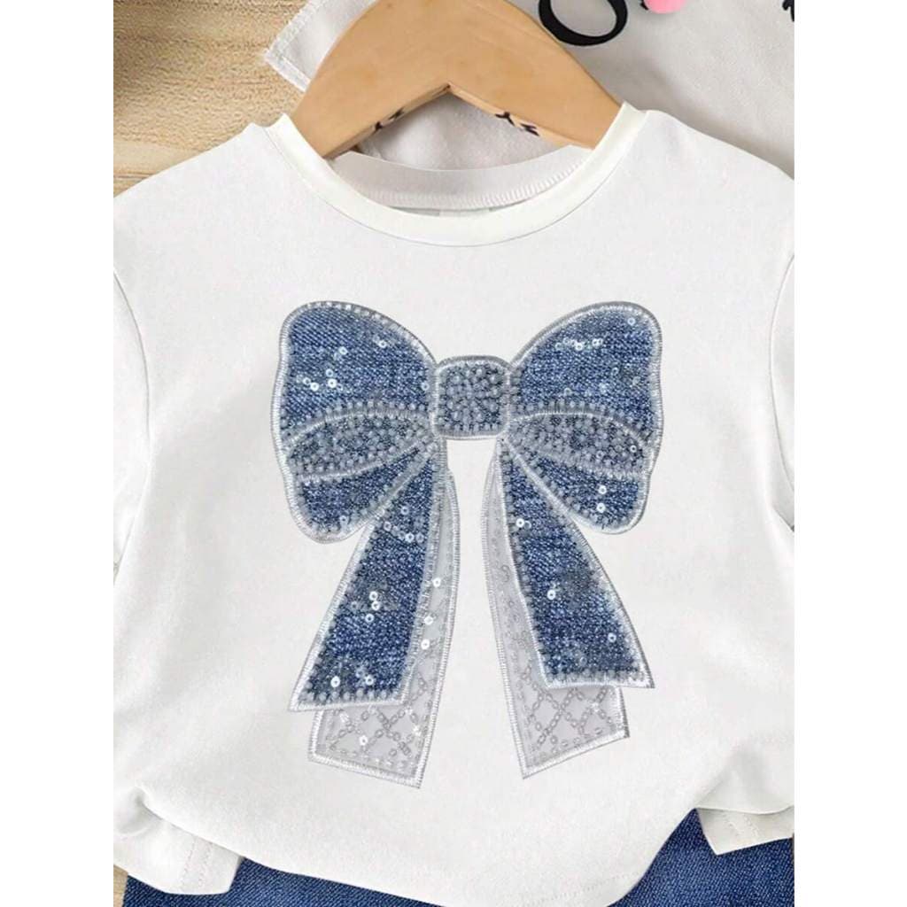Roupa Infantil Menina Estampada Algodão Laço Brilho Camiseta Manga Curta Lacinho Verão Presente