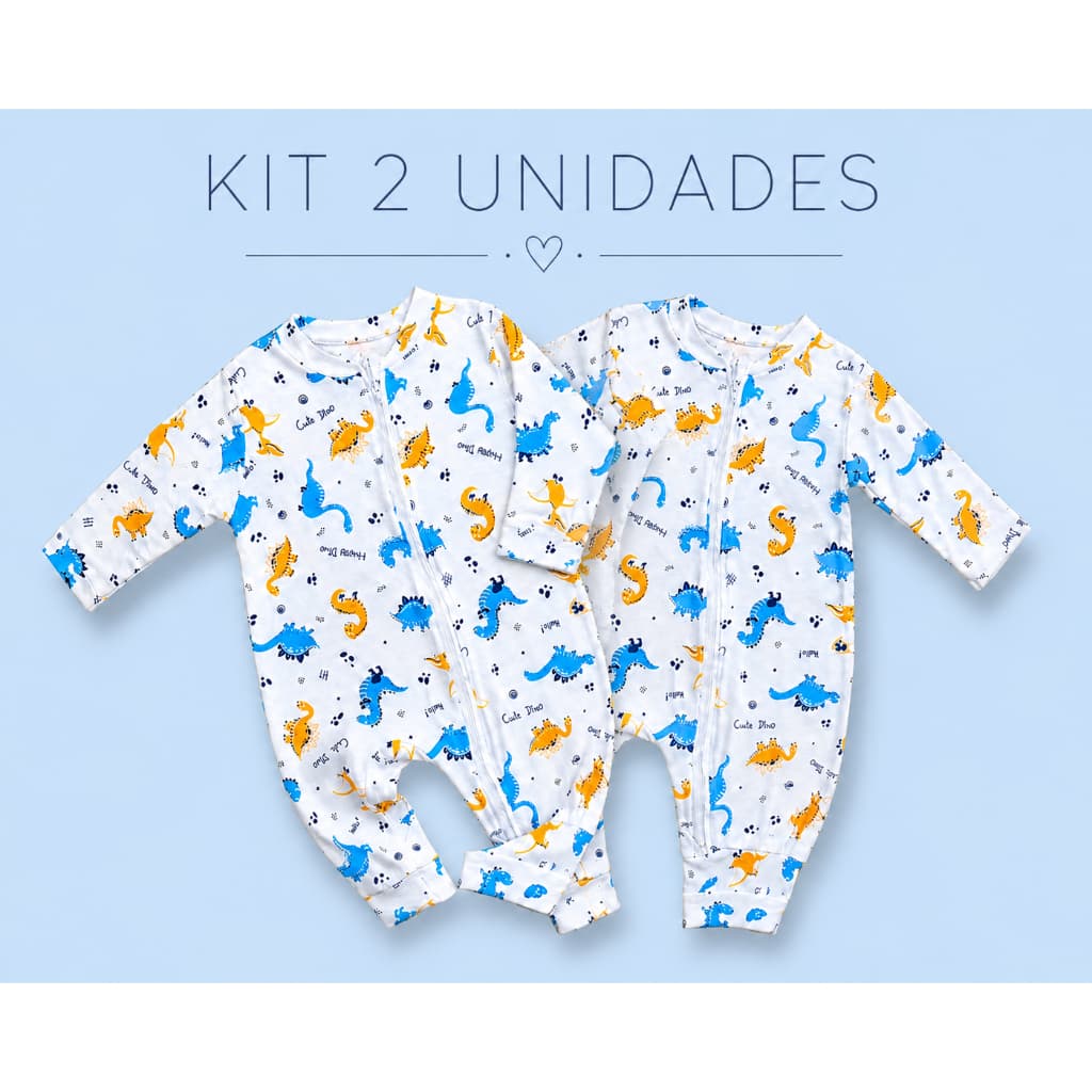 Kit com 2 macacões estampado para menino branco azul colorido com zíper vira pé 100%algodão macio