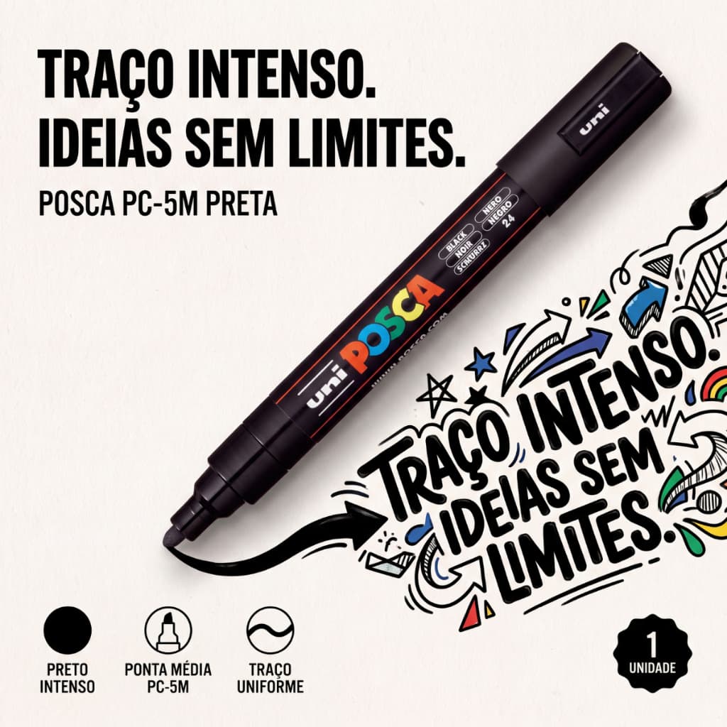Caneta Marcador Posca Uni-Ball Preto PC-5M Ponta Média 2.5mm Papelaria Criação Artística Vibrante