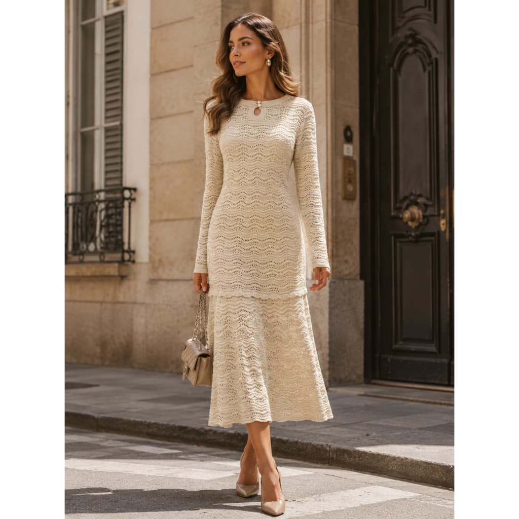 Vestido Feminino Midi em Tricot Rendado Manga Longa com Pérola Elegante Festa