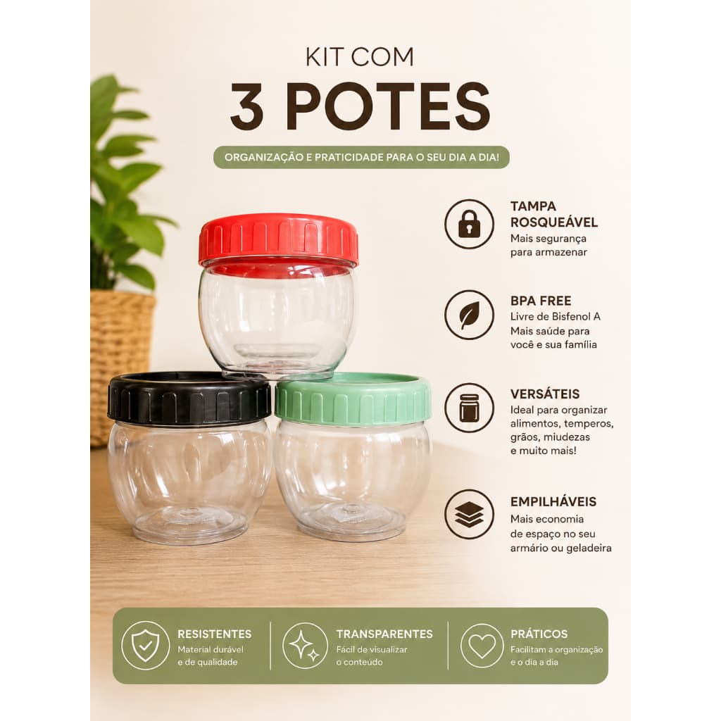 Kit Potes Grandes Organizadores Empilha Fácil Gira e Trava 370ml Plasútil