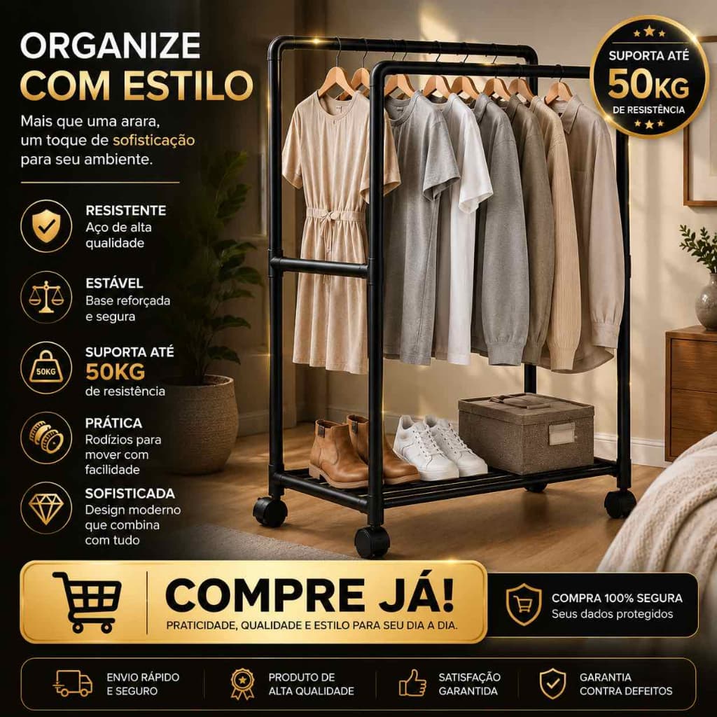 Arara Roupas Dupla Organizador Closet Com Prateleira Mesa Móvel Rodízios Preto Cabideiro Mancebo