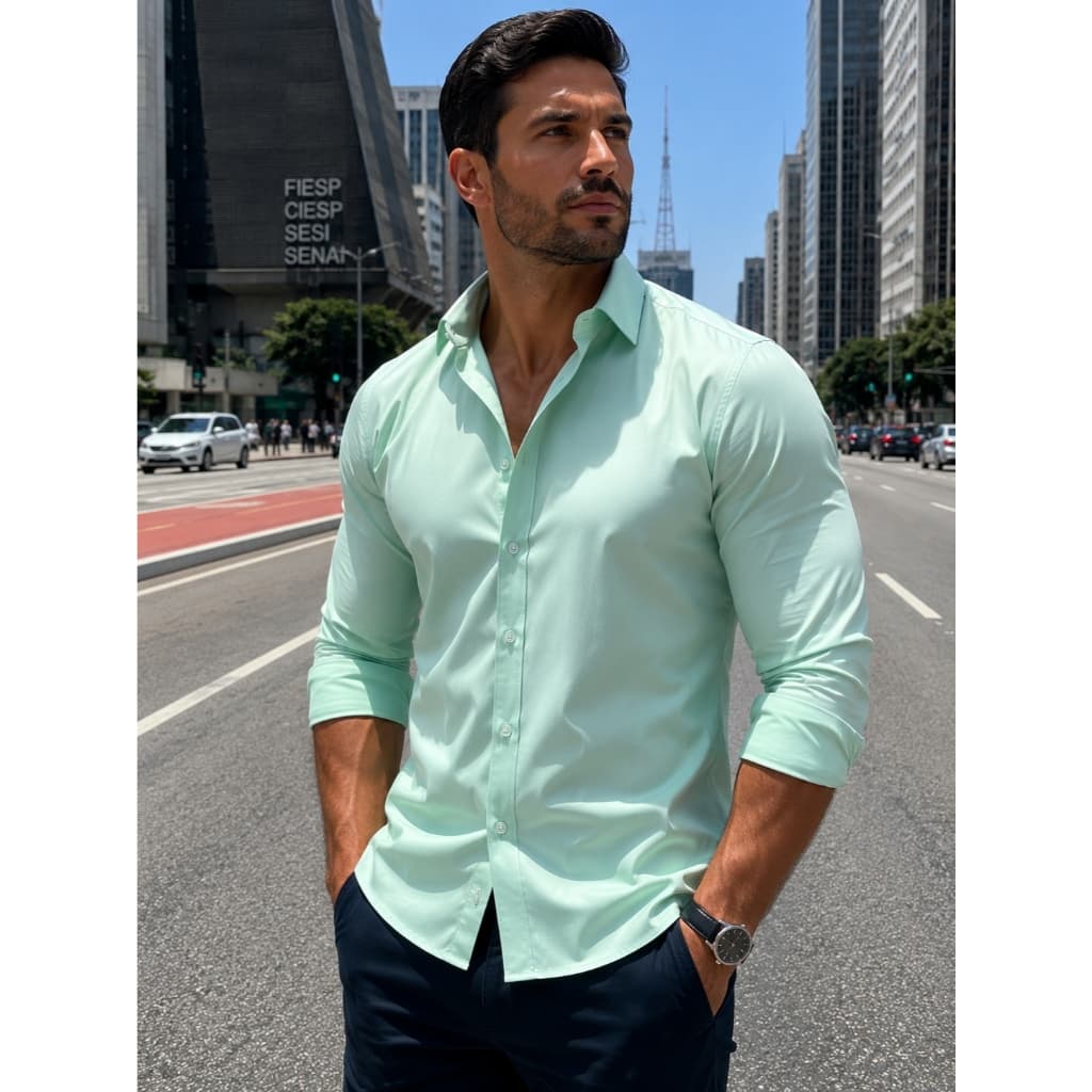 Camisa Social Masculina Manga Comprida Escritório Casual De Boa Qualidade Slim Fit Com Elastano
