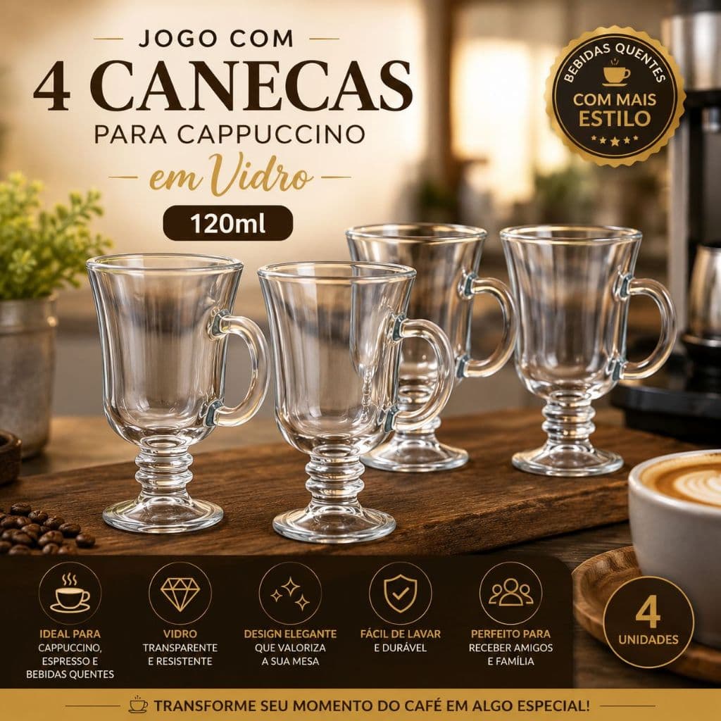 Conjunto 4 Canecas Vidro Capuccino 120ml Design Elegante Resistente Cafe Expresso