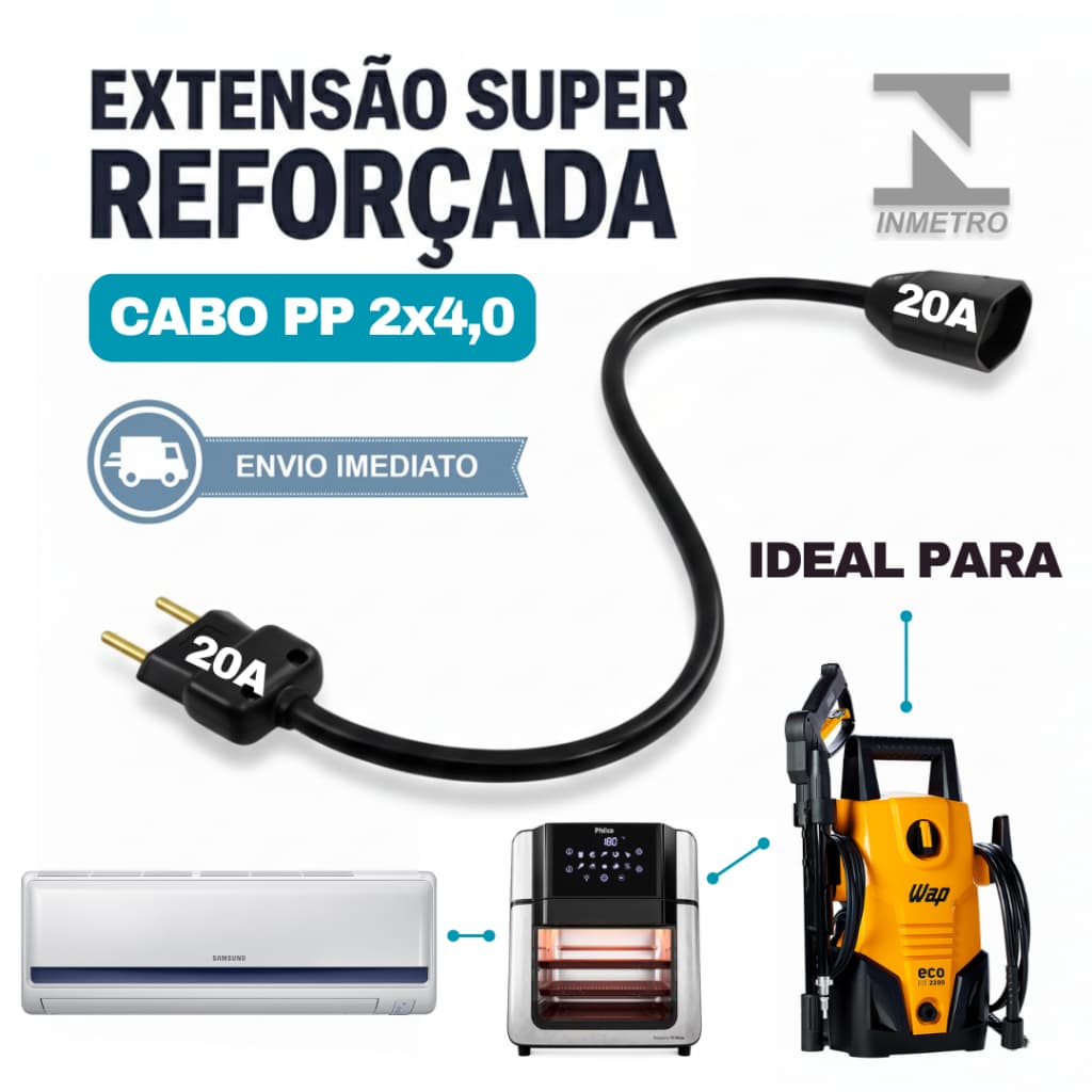 Extensão 20A Reforçada Cabo PP 2X4mm Grosso - 1/2/3/5/10 Metros | Bivolt | Para Wap, Ar Condicionado, Air Fryer, Forno