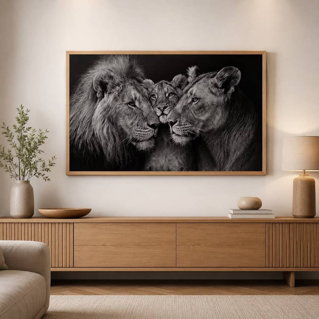 Quadro decorativo 1 peça Leão e Leoa 1 Filhote preto e branco decoraçao sala quarto