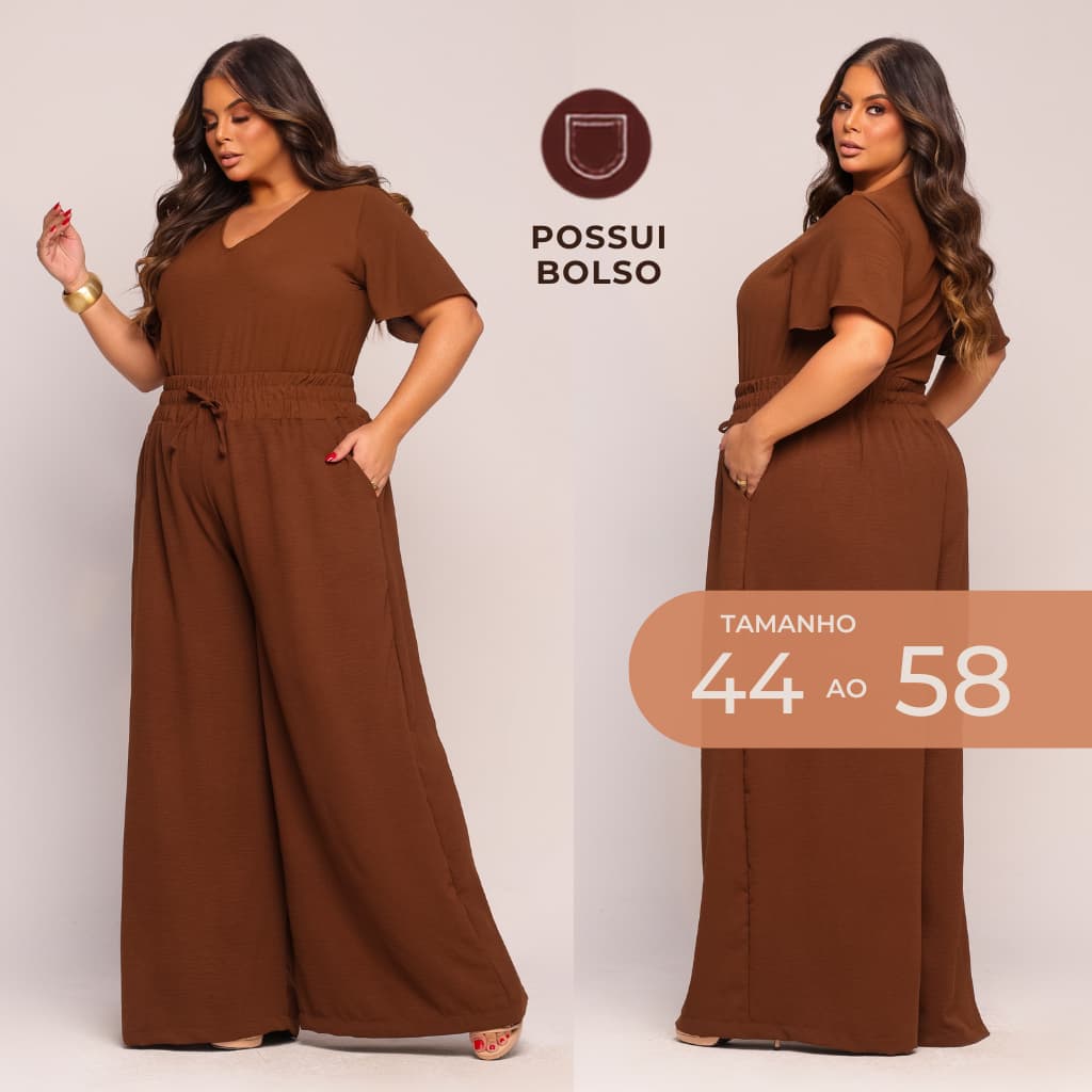 Conjunto Plus Size Moda Maior Pantalona c/ Bolso e Blusa Decote em V Social Trabalho
