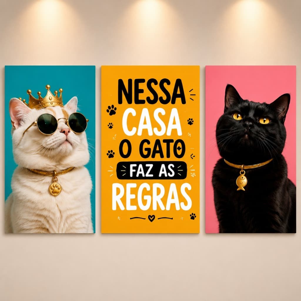 Quadro Decorativo Gato 3 Peças Nessa Casa o Gato Faz as Regras Decoração Sala Quarto Hall