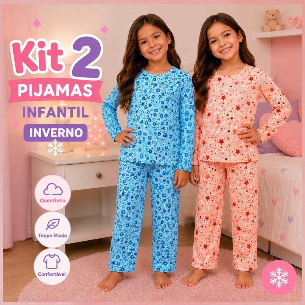 Kit 2 Pijamas Infantil Menina Sortido Quentinho Pijama Inverno Roupa Infantil Divertido