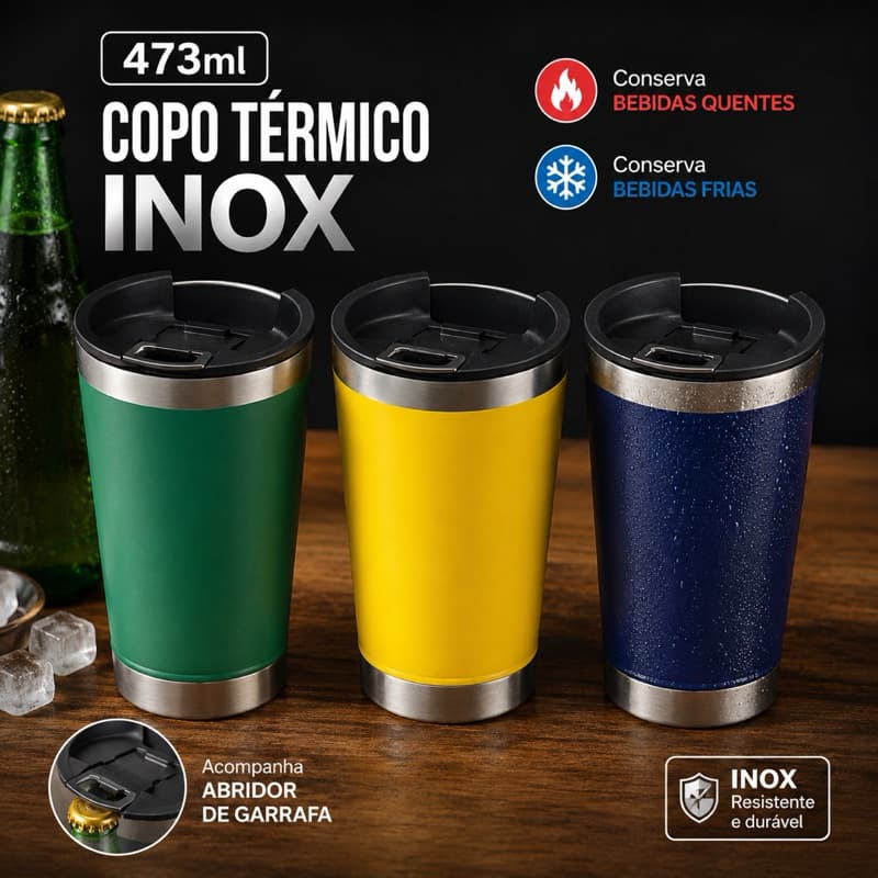 Copo Térmico Premium 473ml em Aço Inox com Tampa e Abridor | Bebidas Geladas e Quentes por até 8h