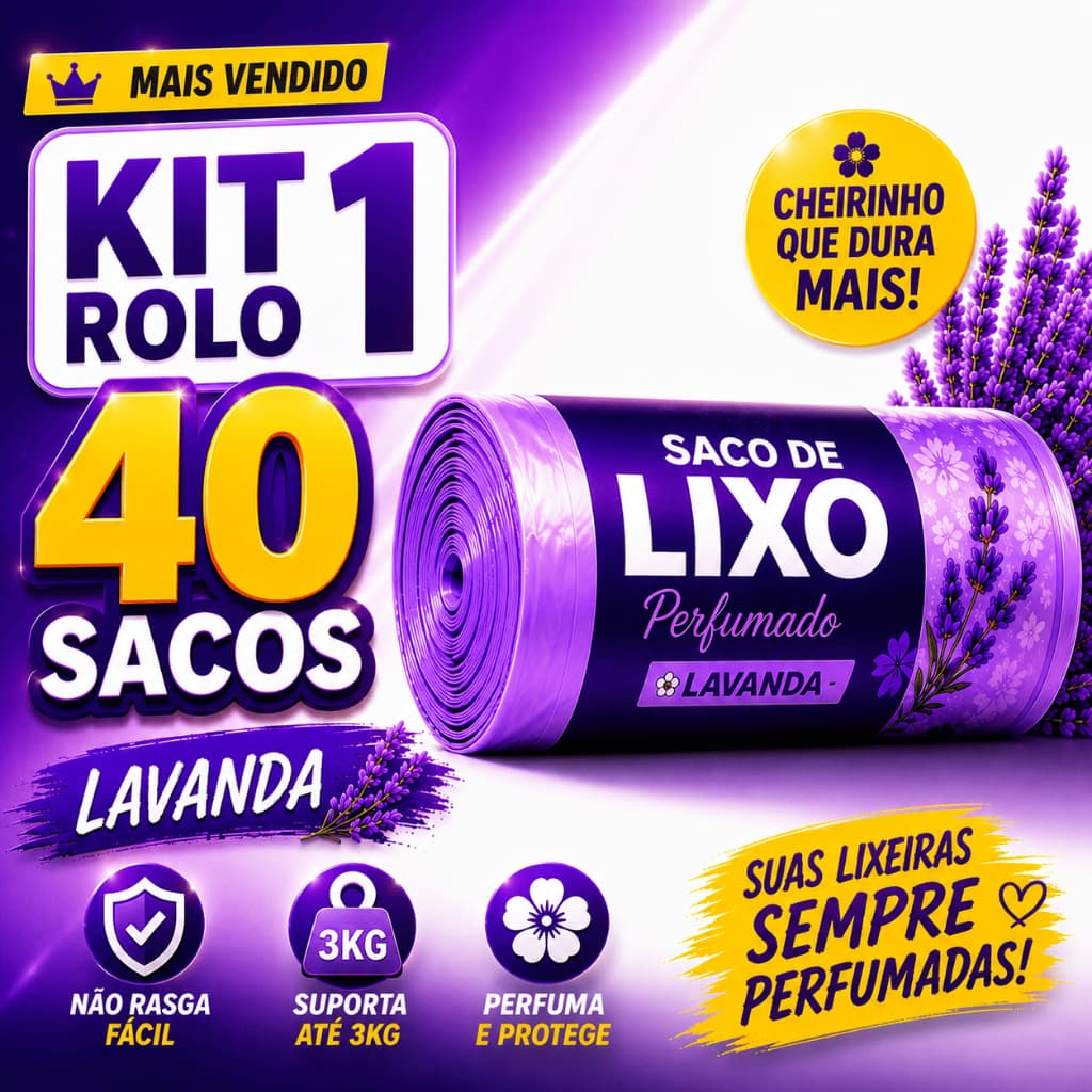 1 Rolo Saco Lixo Perfumado Lavanda 40 Sacos Resistente Para Banheiro Cozinha Lixeira 10L Anti Odor