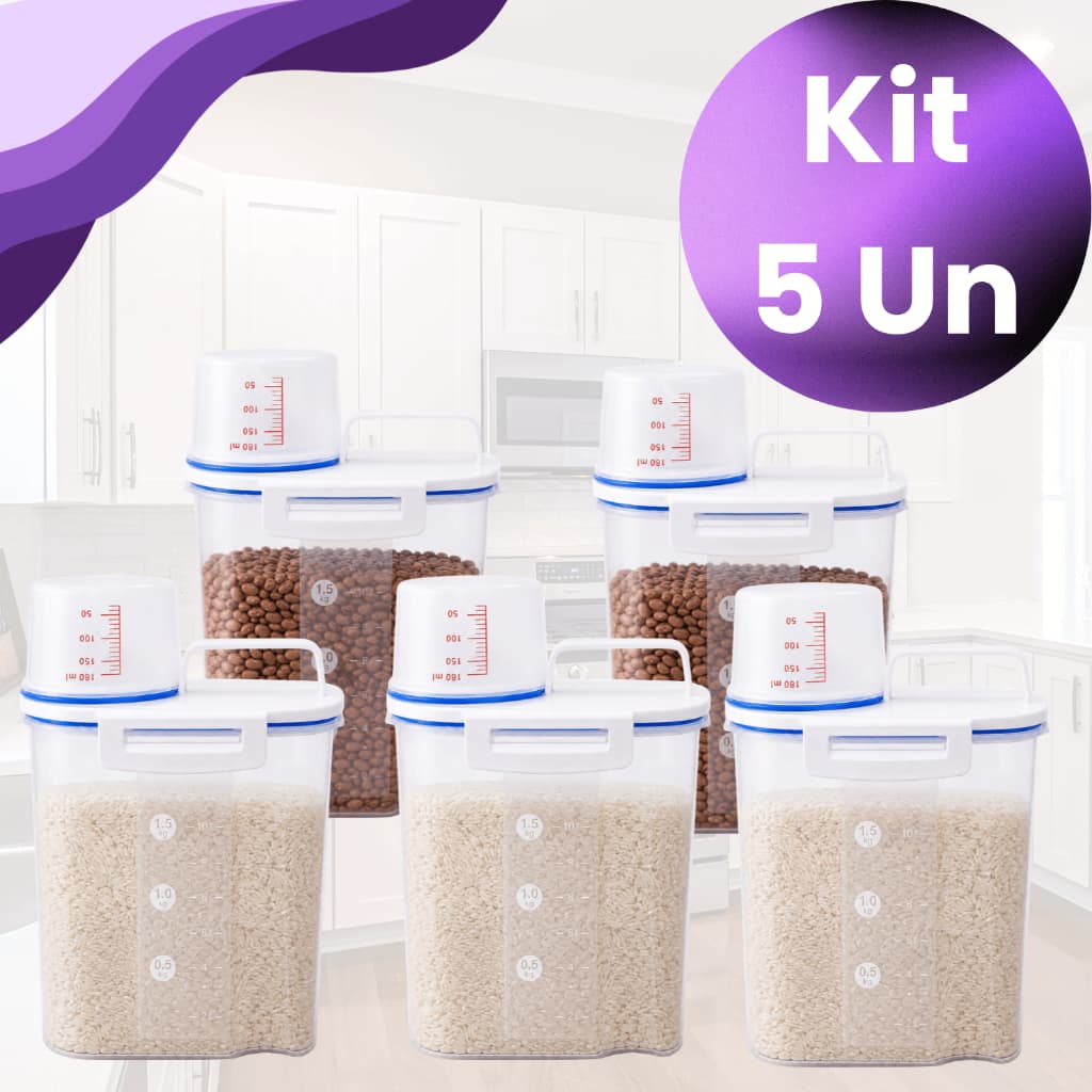 Kit 5 Potes 1,5L Dispenser Herméticos P/ Mantimentos Com Bico Dosador Grãos Cereal Arroz Cozinha Organização Cozinha