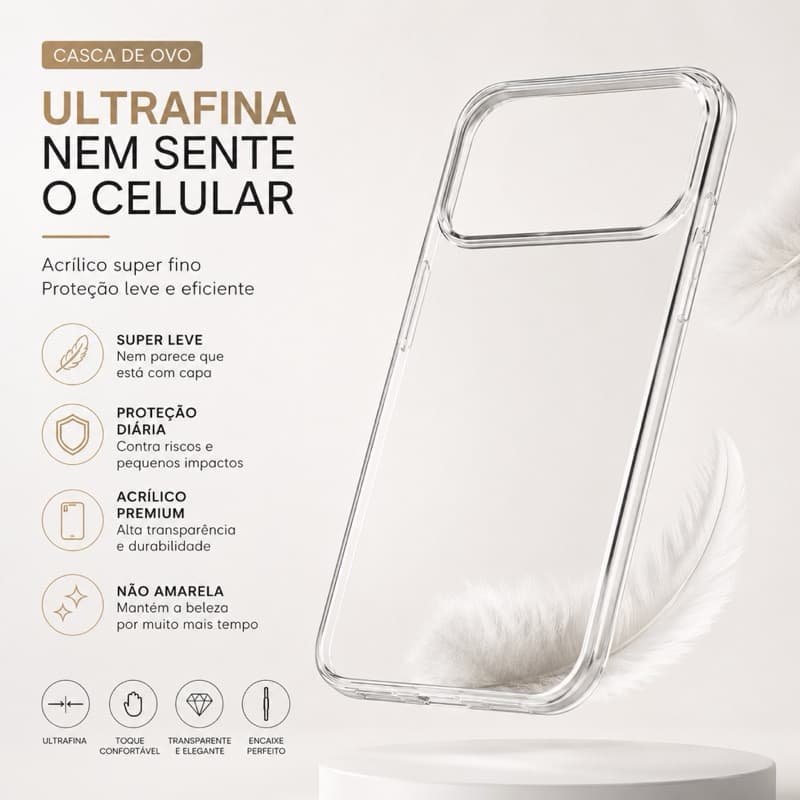 Capa Casca de Ovo Acrílica Ultrafina Transparente Slim Premium para iPhone 11 12 13 14 15 16 17 Pro Pro Max