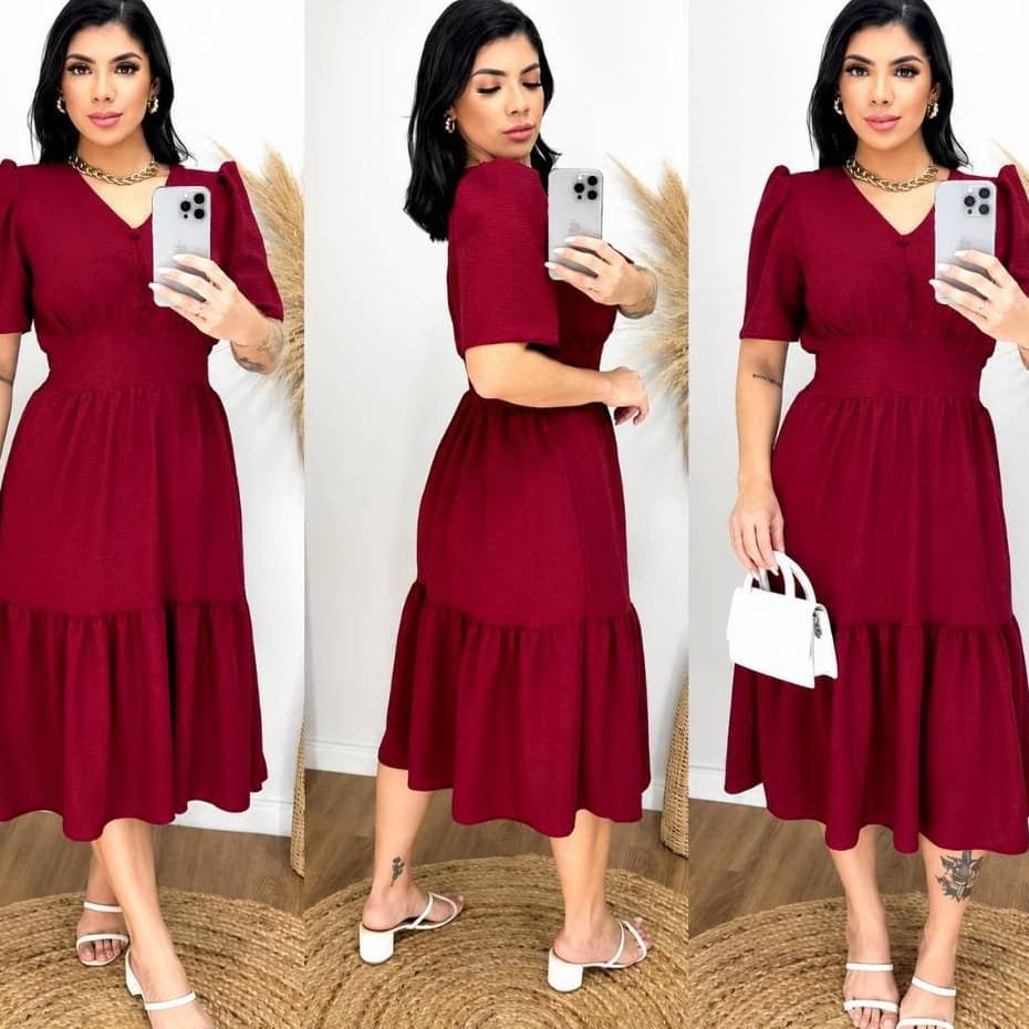 Vestido Midi Moda Evangelica com Elastex nas costas / Mangas bufantes / Com botões de detalhe