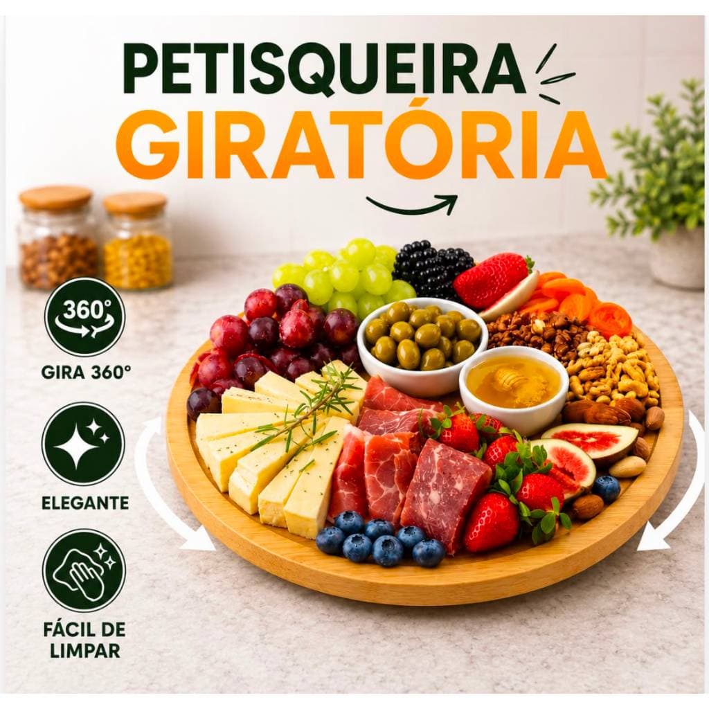 Tábua Petisqueira Giratória Cor Bambu 26cm Queijos Frios Bandeja Rotativa 360° Centro de Mesa
