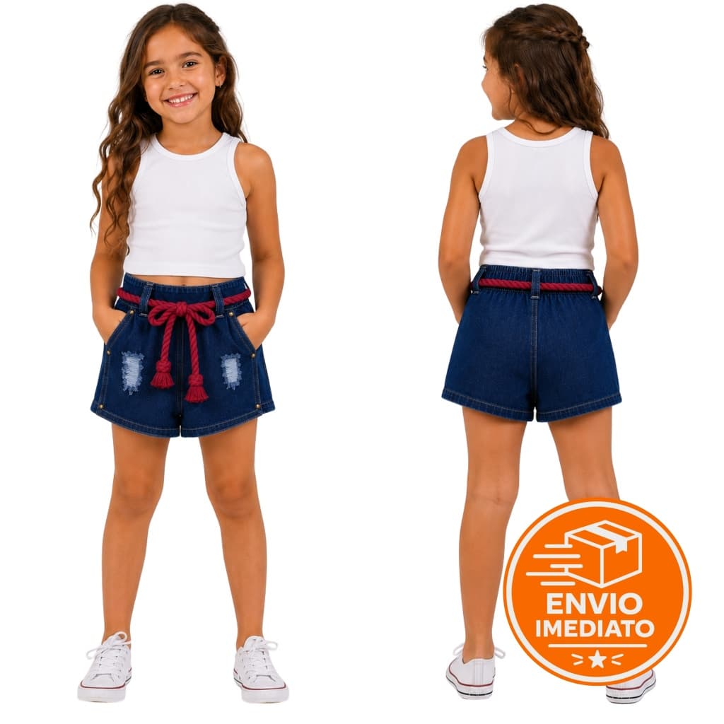 Short Saia Jeans Infantil Feminina Cintura com Cordão Colorido Menina Blogueirinha – Tamanho 0 ao 7