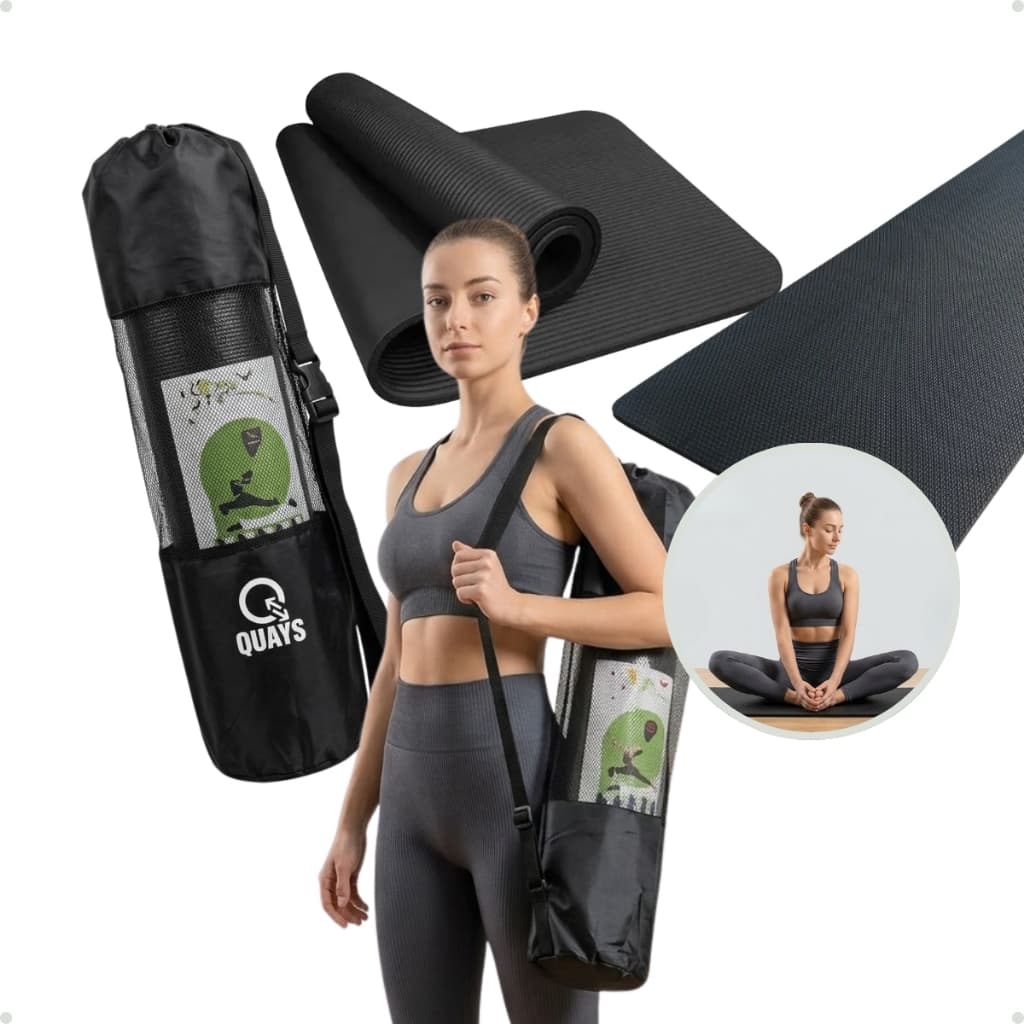 Tapete Yoga Pilates Quays Preto NBR Premium 8mm Antiderrapante Com Bolsa