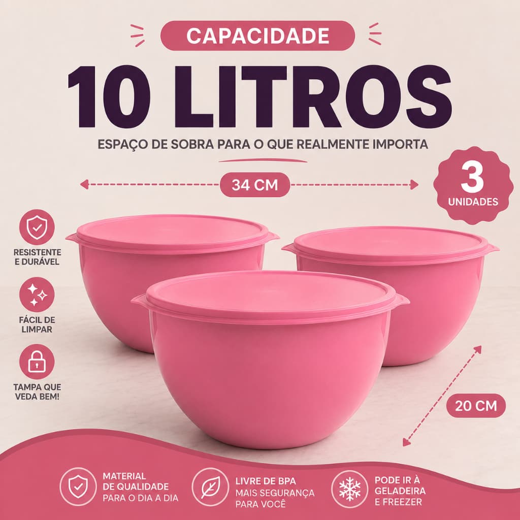 Kit 3 Bacias Plástica Tapoer 10 Litros com Tampa Tigela Grande Para Churrasco, Saladas e Misturas Resistente
