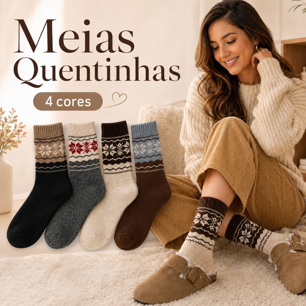 Meia Feminina Cano Médio Inverno Grossa Floco de Neve Tamanho 6 ou 12 Pares Único 35-40