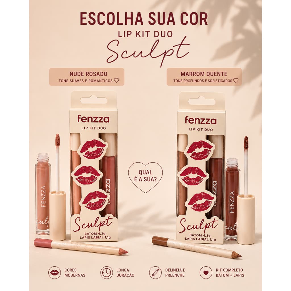 Lip Kit Duo Fenzza Contorno Labial e Batom Matte Alta Pigmentação Longa duração e Conforto