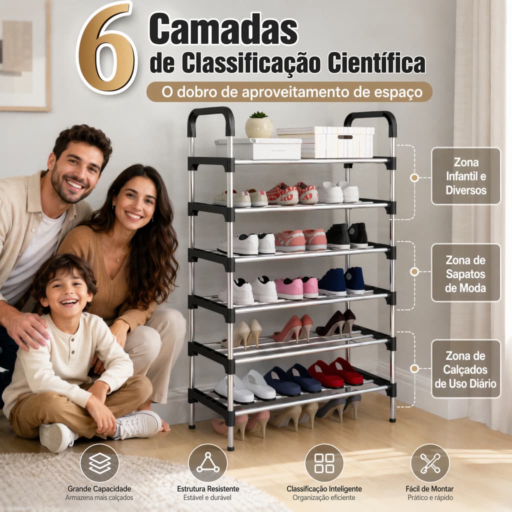 6 Andares Sapateira de metal Organizador Vertical 3 Core Prateleira Multiuso Aço Cromado Desmontável