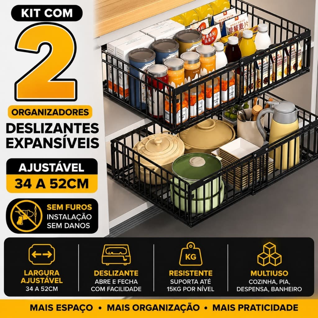 Kit 2 Organizadores Expansíveis Deslizantes para Armário Sem Furo Ajustável 34-52cm