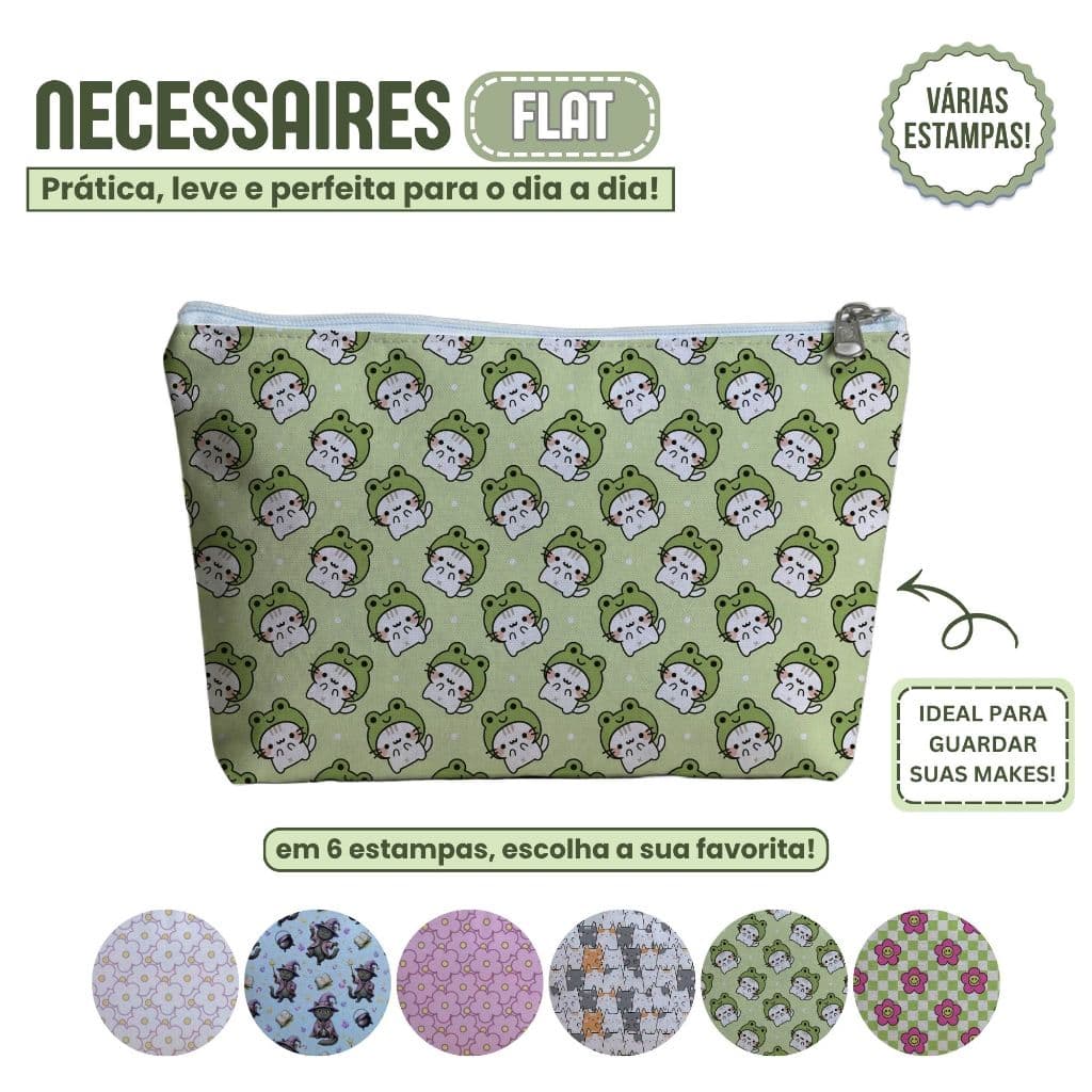 Necessaires Flat Estampas Variadas Estojo de Gatos e Flores Feminino Infantil