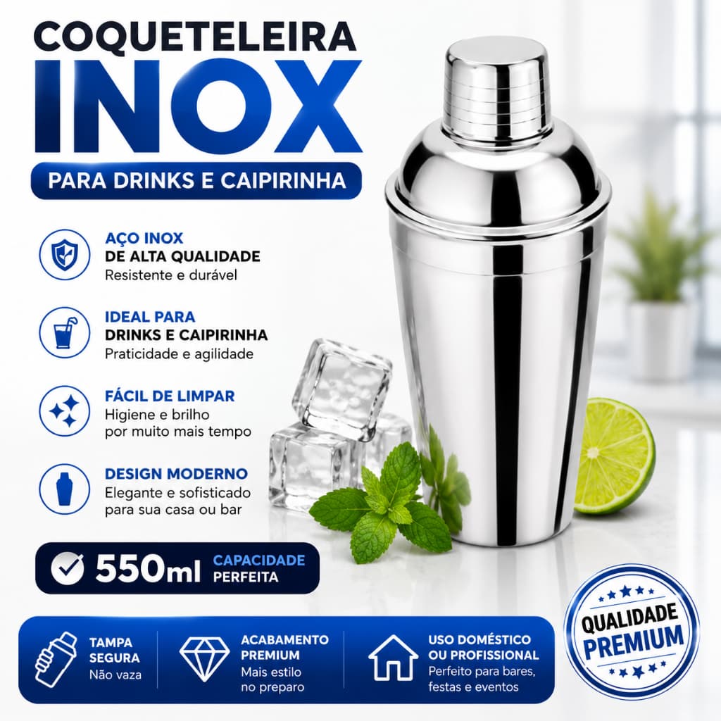 Coqueteleira Copo Inox 550ml Para Drinks Caipirinha Cocktail Bar Churrasco Festa Envio Imediato
