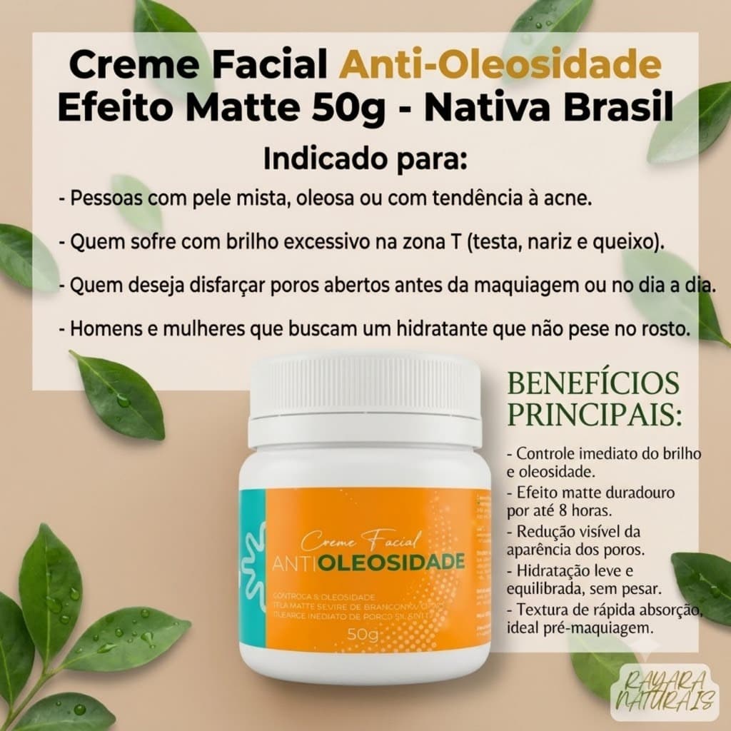 Creme Facial Antioleosidade Nativa Brasil 50g Efeito Matte Disfarce De Poros Envio Imediato