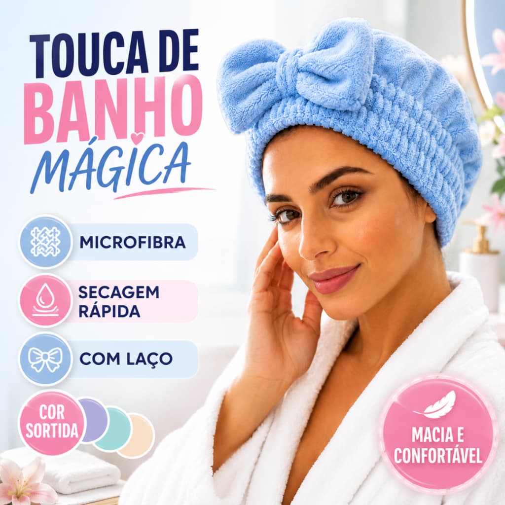 Touca de Banho Mágica Microfibra com Laço Secagem Rápida Sortida