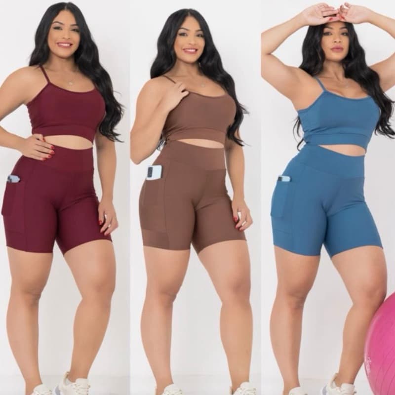 Conjunto Feminino Fitness Suplex Top Treino Short Bolso - Conjunto Reforçado