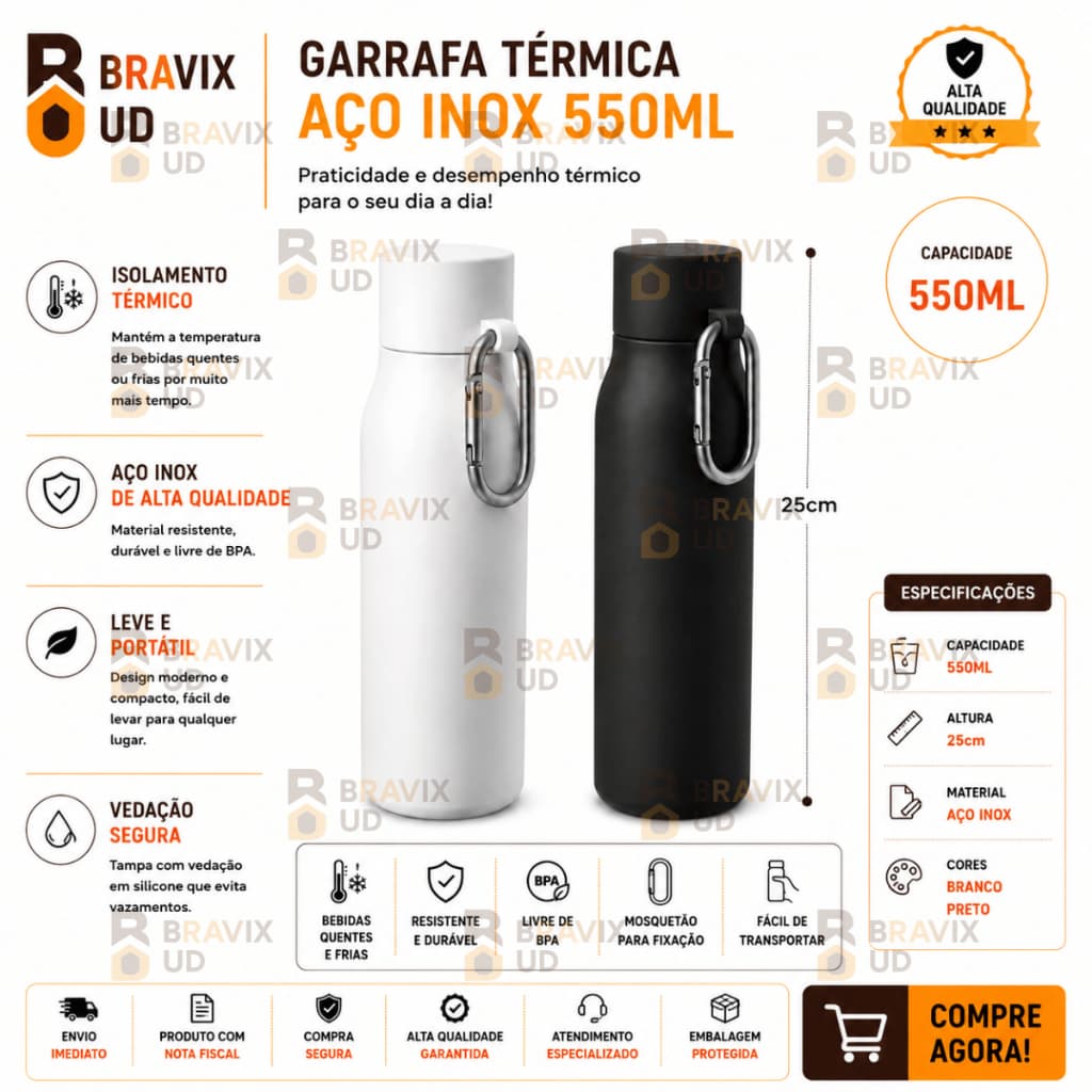 Garrafa Térmica Aço Inox 550ml Bebidas Quentes Frias Viagem Fitness