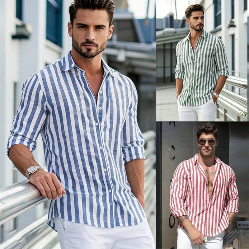 Camisa Social Masculina Casual Listrada Manga Longa Gola Botão Clássica Camisa Estilo Casual Verão