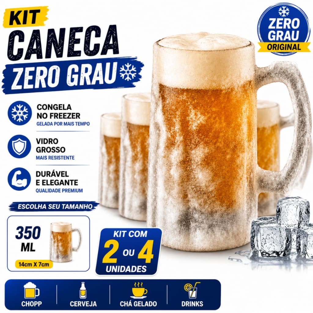 Kit Canecas Zero Grau Chopp Cerveja Em Vidro Grosso De Congelar 350ml Bar Restaurante copo Casutil