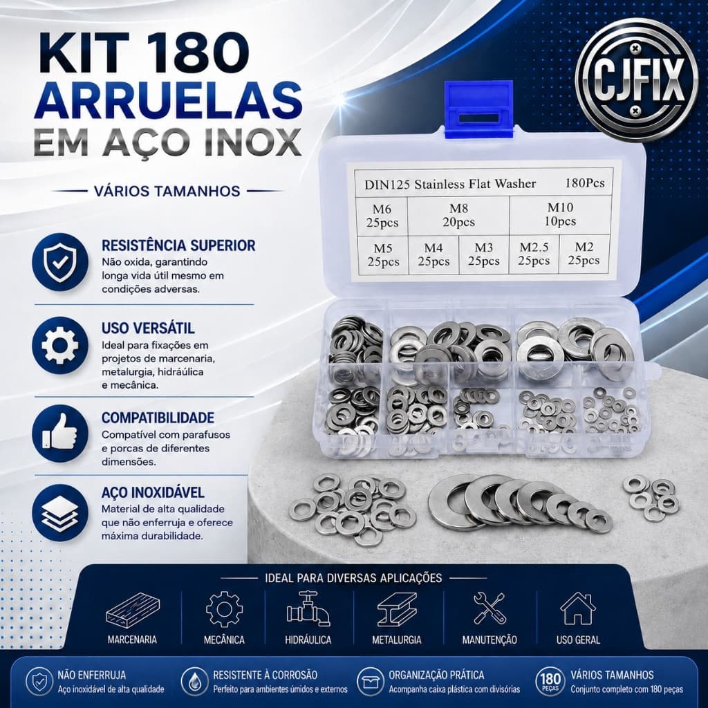KIT 180 ARRUELAS ARROELAS EM AÇO INOX C. CAIXA NAO ENFERRUJA VARIOS TAMANHOS