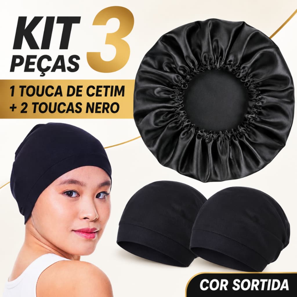 Kit Touca de Cetim Simples + 2 Toucas Nero com Barra Cor Sortida