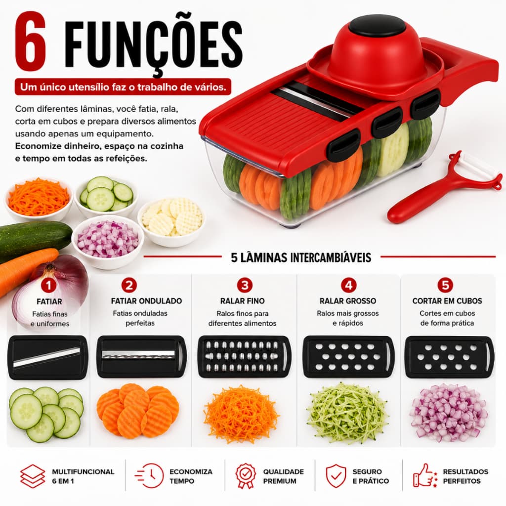 Cortador de Legumes Mandoline 6 em 1 Multifuncional Fatiador Ralador com Recipiente e Lâminas em Aço Inox CoupeChef™