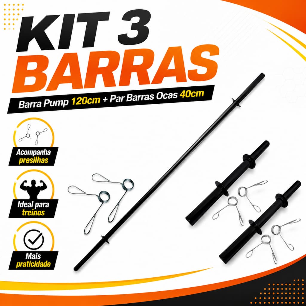 Kit Barras Body Pump 120cm Par Oca 40cm  Musculação Treino Funcional Presilhas Haltere Acdemia Gym