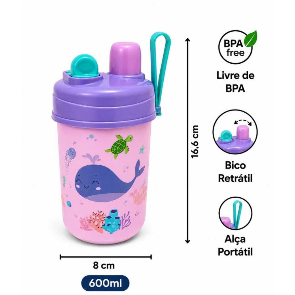 Garrafa Rosa Lilás Copo De Transição Infantil Bebê 600ml Com Canudo E Bico Tampa  E Alça Menina Agua Suco Escola