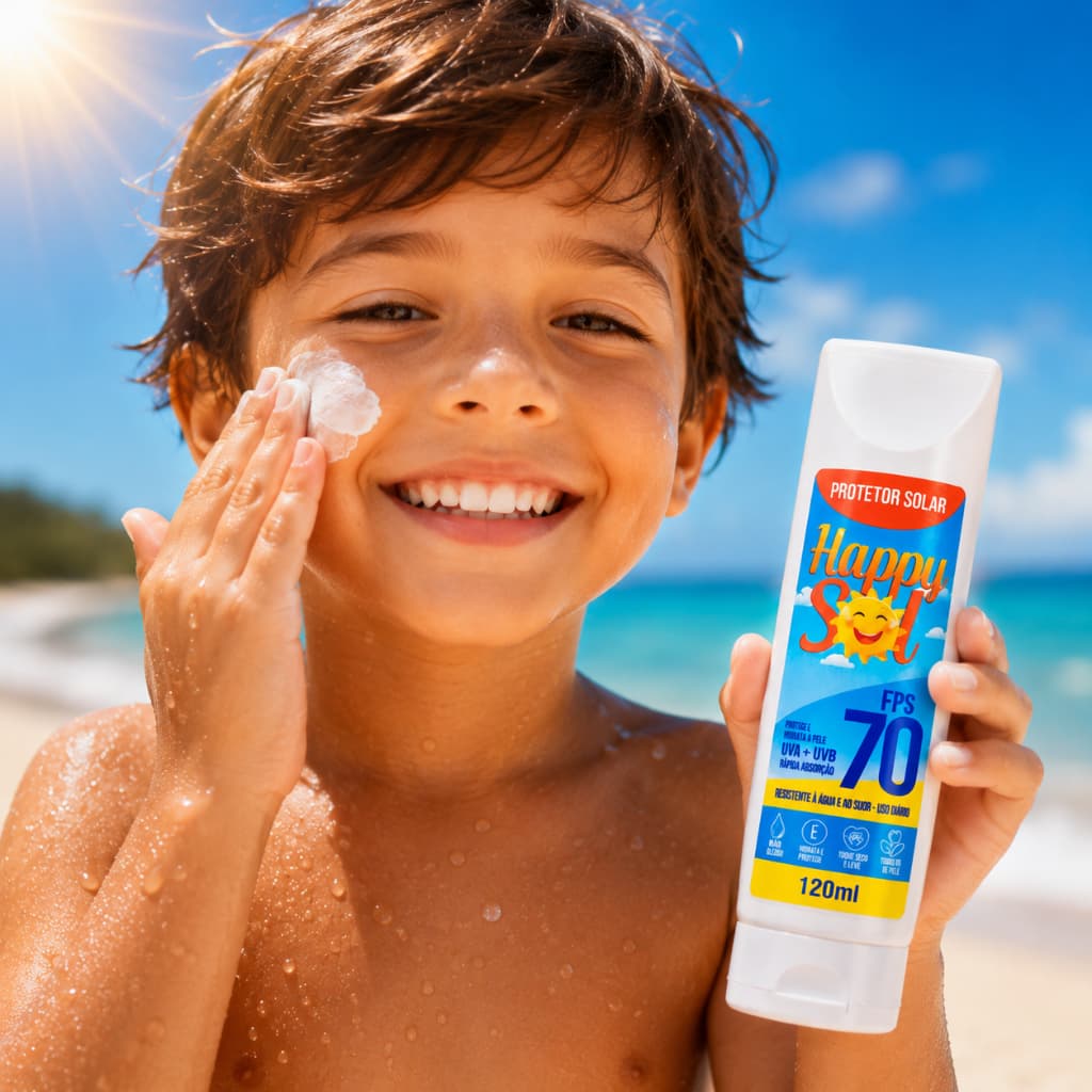 Protetor Solar 70FPS HAPPY SOL Antissinais 150ml Alta Proteção Facial e Corporal, Resistente à Água