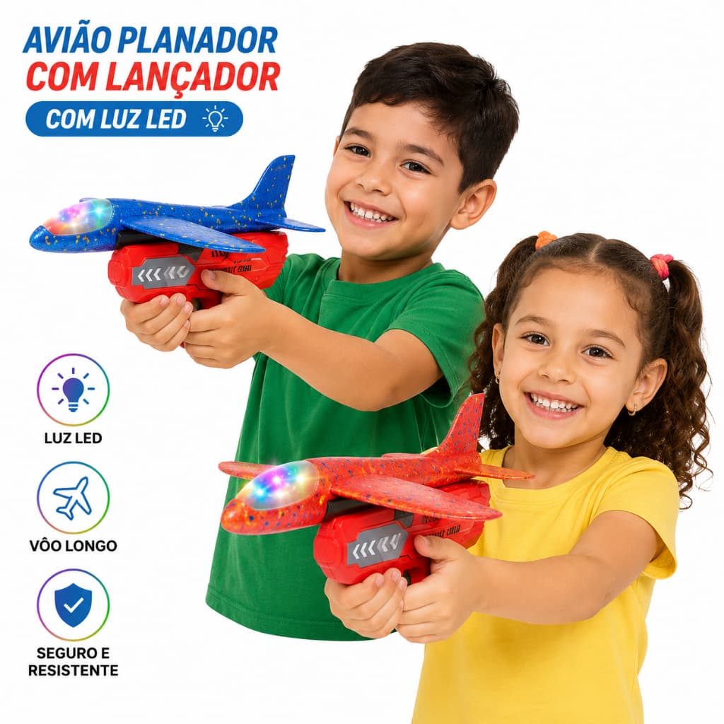 Lançador de Avião de Espuma com Luz LED Planador Infantil Brinquedo de Ar Livre