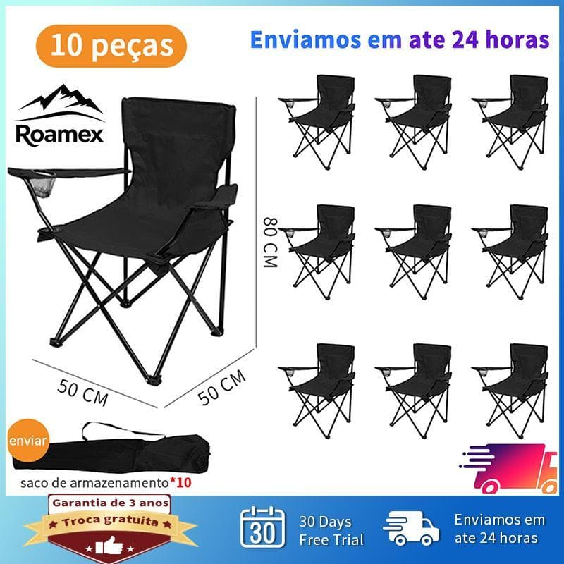 【Roamex】Kit 10 Cadeiras Dobráveis Camping com Bolsa Porta Copo Praia Pesca Churrasco