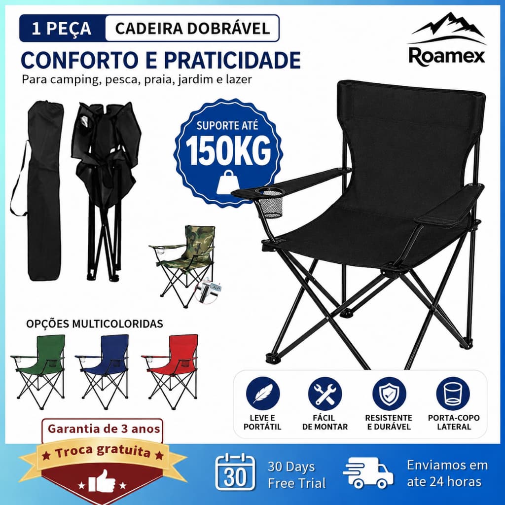 【Roamex】Cadeira Dobrável Camping 150kg com Bolsa Porta Copo Portátil Praia Pesca Jardim