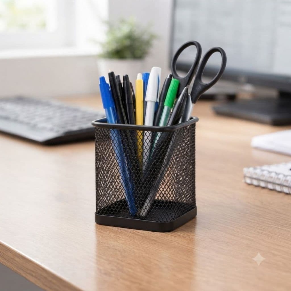 Porta Canetas Aramado Organizador Escritório Mesa Preto Design Moderno Aço Resistente Compacto