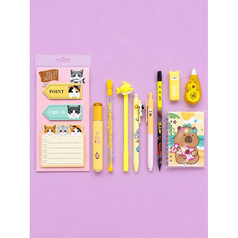 Kit Papelaria Amarela Kawaii 10 Itens – Canetas, Marca-texto, Sticky Notes, Corretivo e Mini Caderno