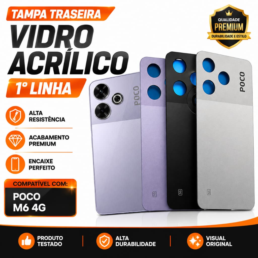 Tampa Poco M6 4G Traseira Carcaça Vidro Acrílico 1ª Linha Premium Alta Qualidade Reposição