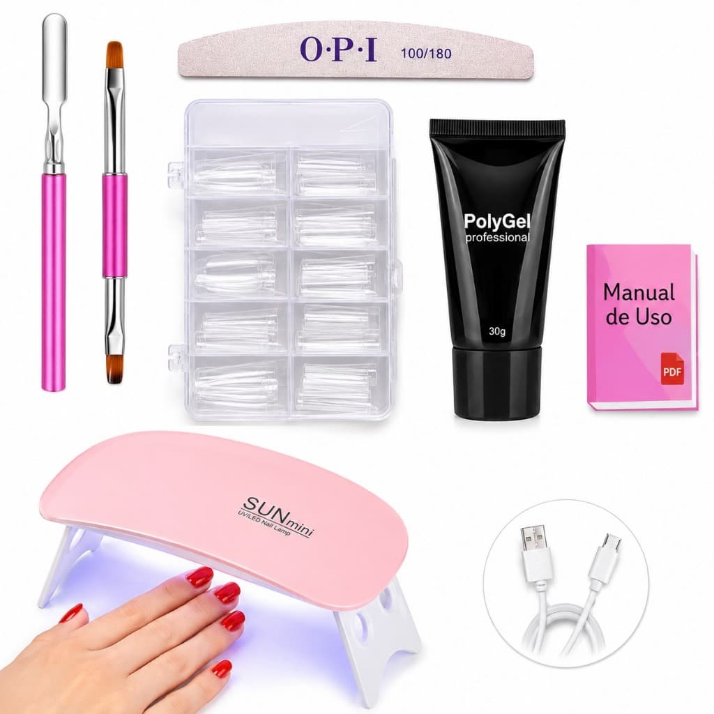 Kit Alongamento Poligel Polygel + Molde F1 + Lixa + Mini Cabine De Unha + Pincel 02 em 1