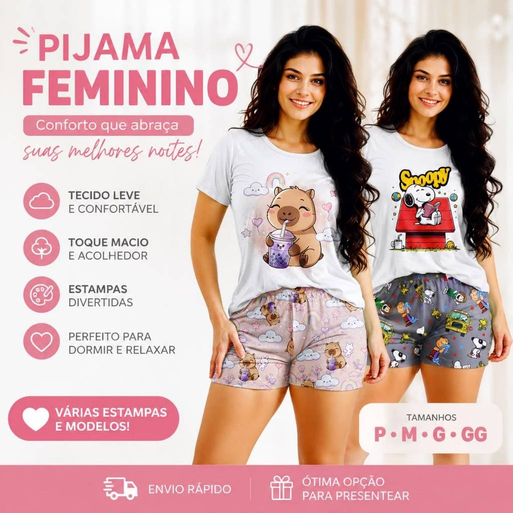 Pijama Feminino Adulto Baby Doll Manga Personagens Diversos Macio e Confortável Envio Rapido Promoçao
